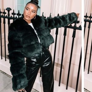 Black Cropped Faux Fur Bubble Coat